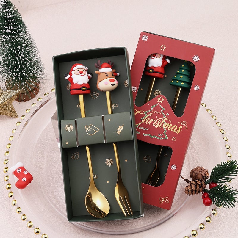 Christmas Spoon Suit Christmas Gift Tableware Two-Piece Dessert Spoon Fork Santa Elk - Image 2